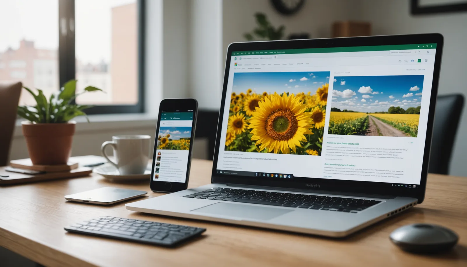 Laptop and smartphone displaying image format comparison with file sizes shown as descending progress bars for web optimization