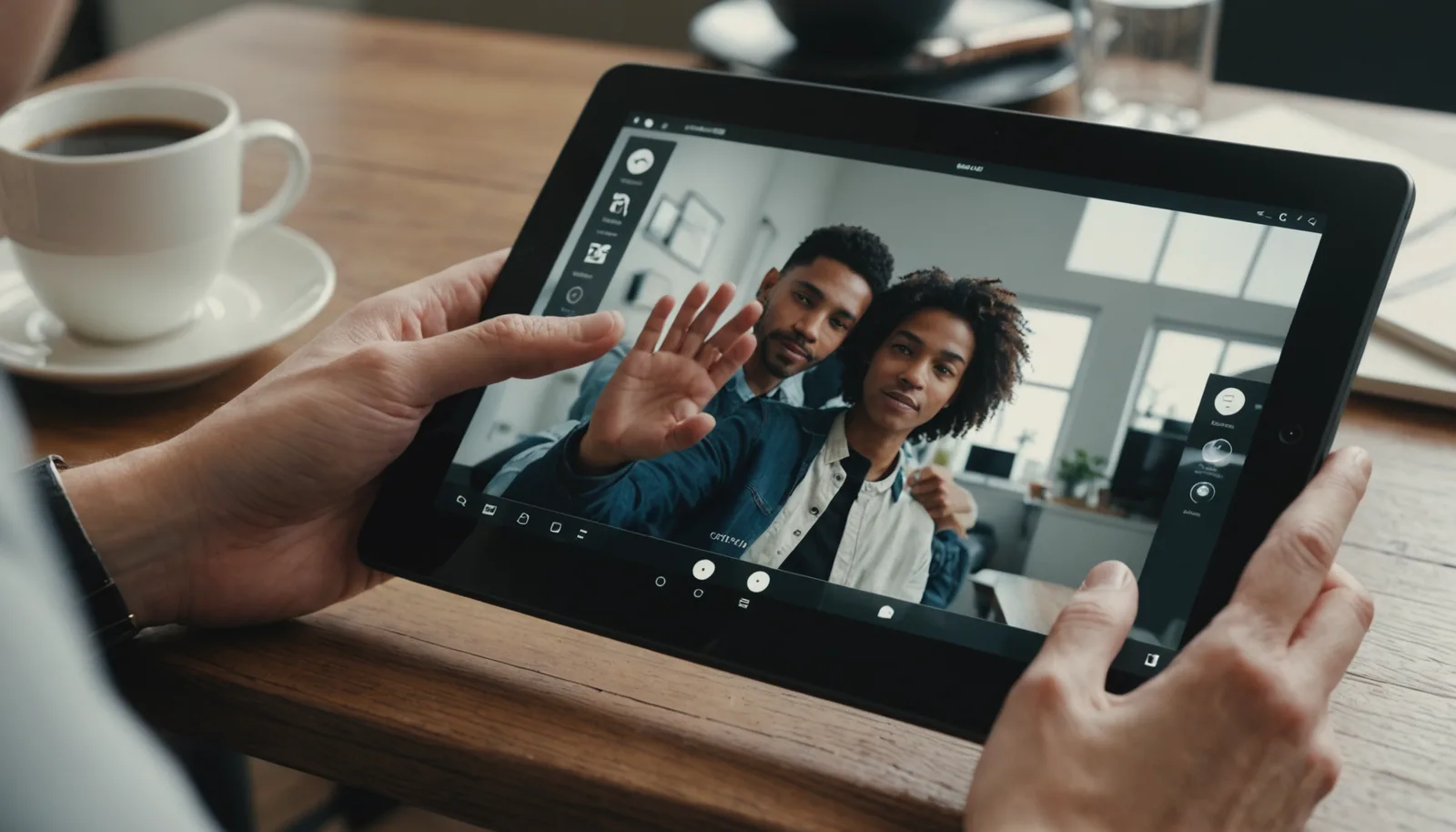 Tablet screen with image compression slider and preview showing quality adjustment
