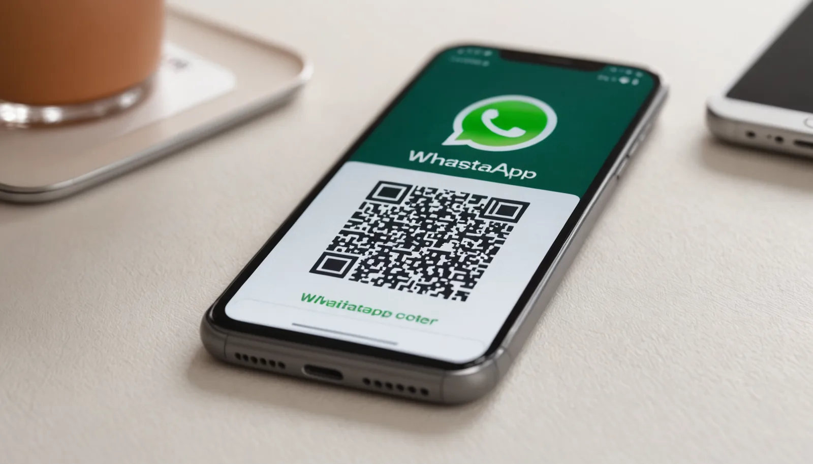 Smartphone and printed QR code for WhatsApp contact sharing on a desk with natural lighting