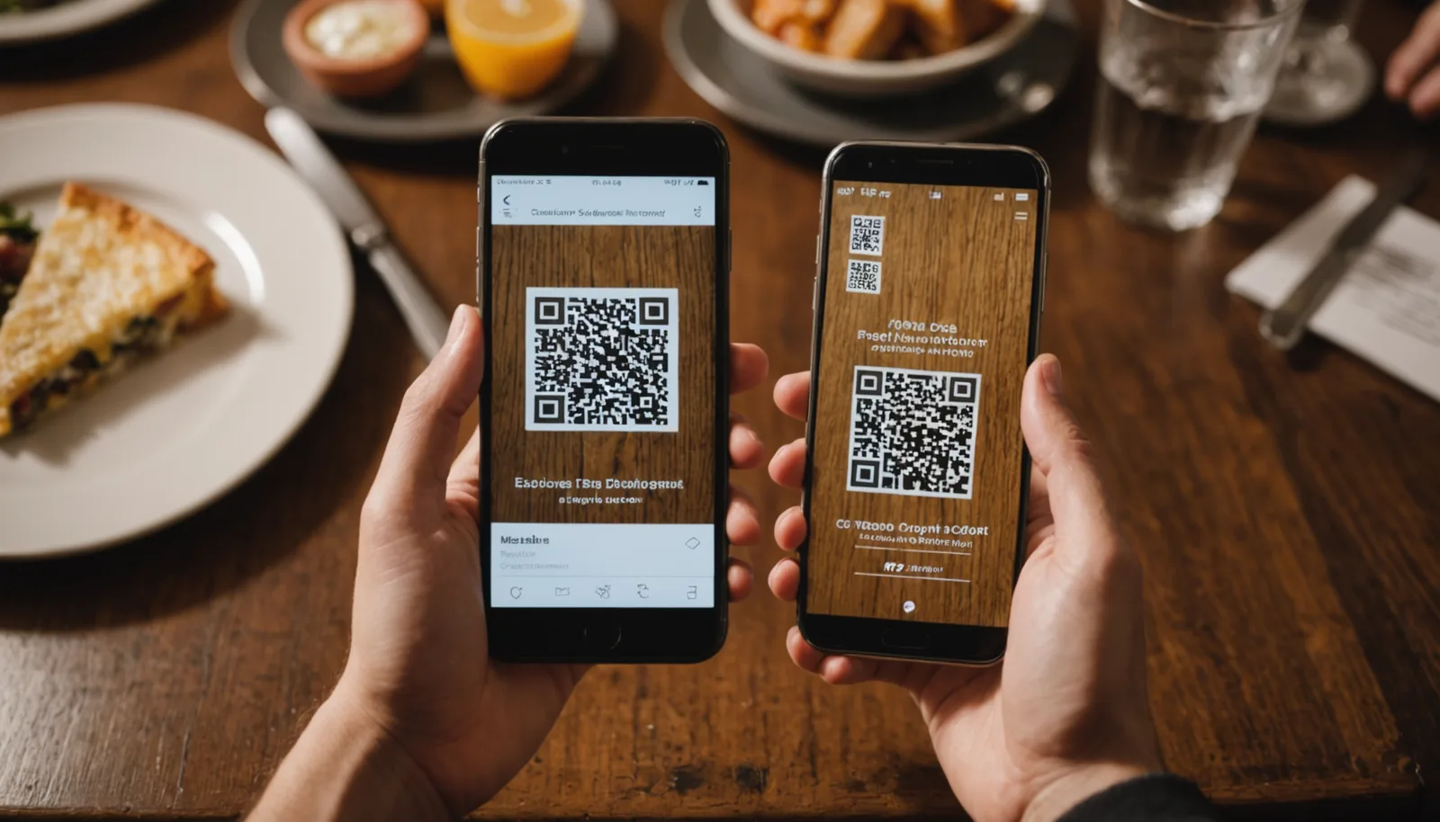 Hand holding smartphone camera scanning a printed QR code on a restaurant menu