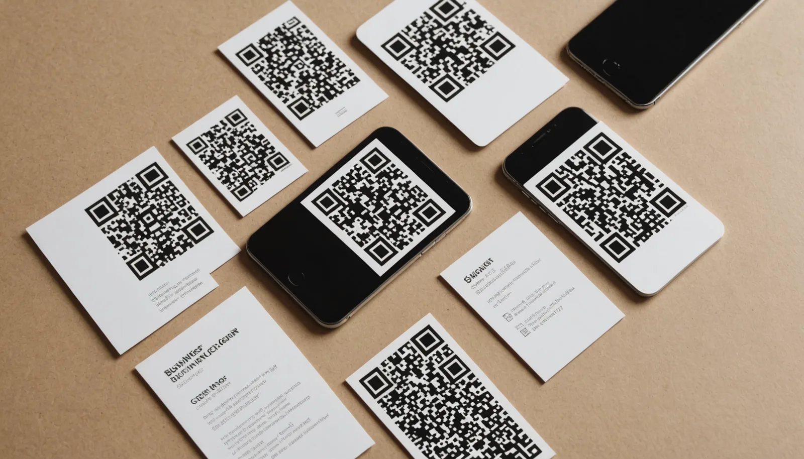 Multiple printed QR codes for WhatsApp displayed on business card, invoice, and flyer materials