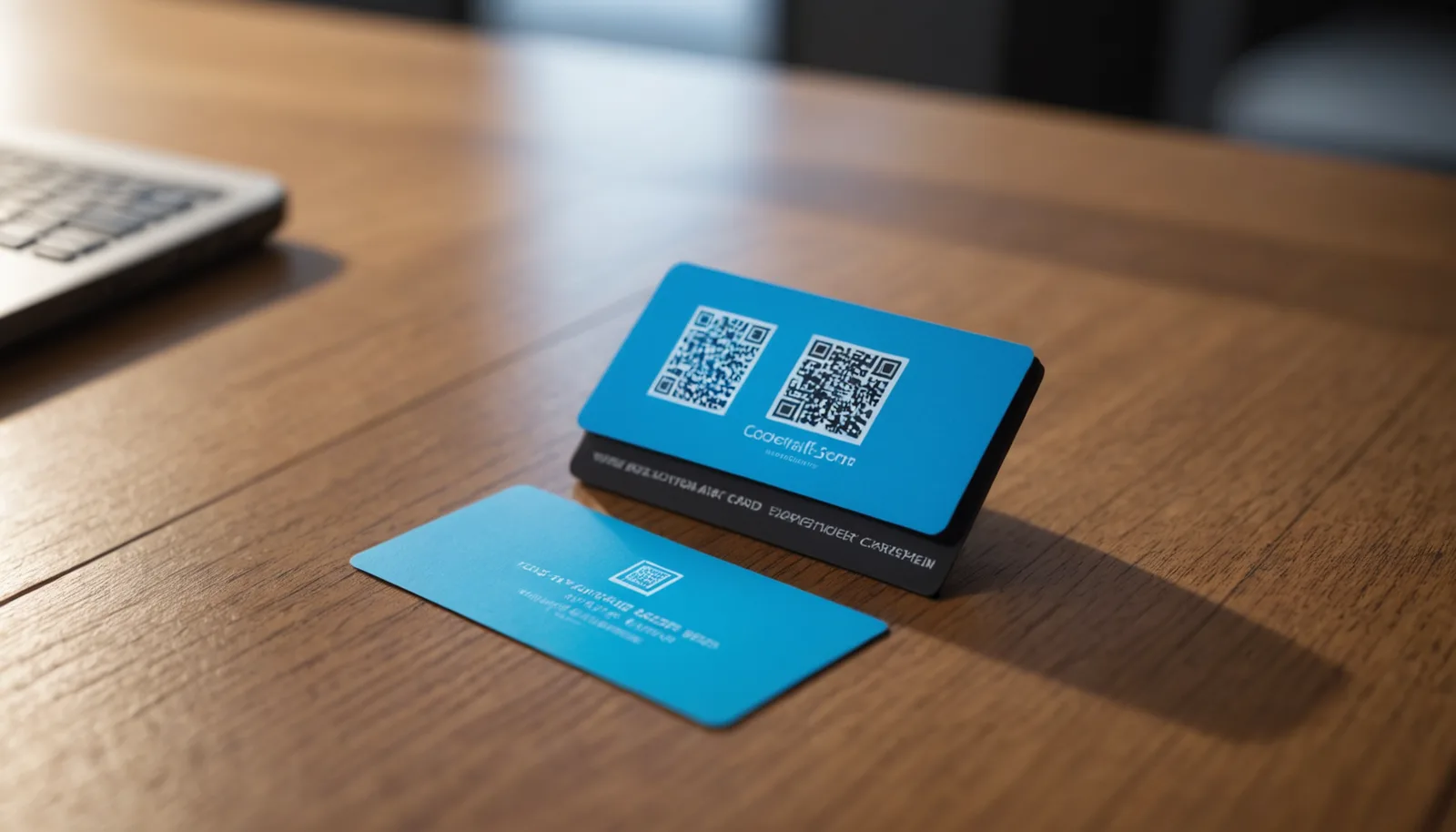 Smartphone scanning a QR code printed on a professional business card placed on a desk, demonstrating how to use QR codes for business cards.