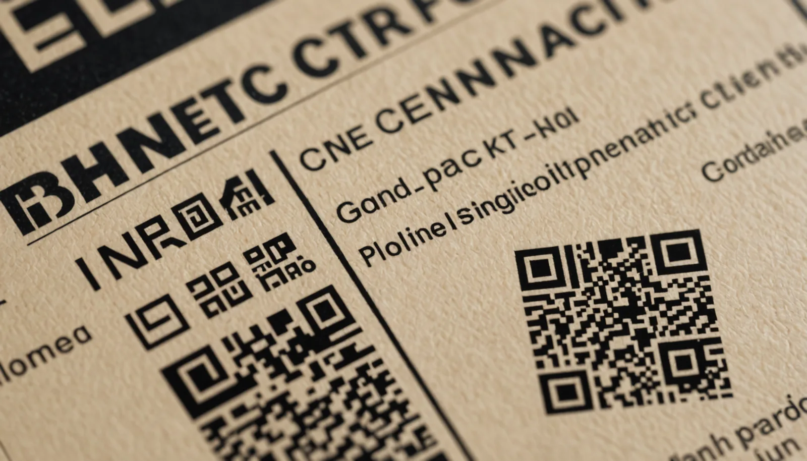 Close-up view of a QR code for a business card on cardstock with contact information, ready to scan with a mobile phone.