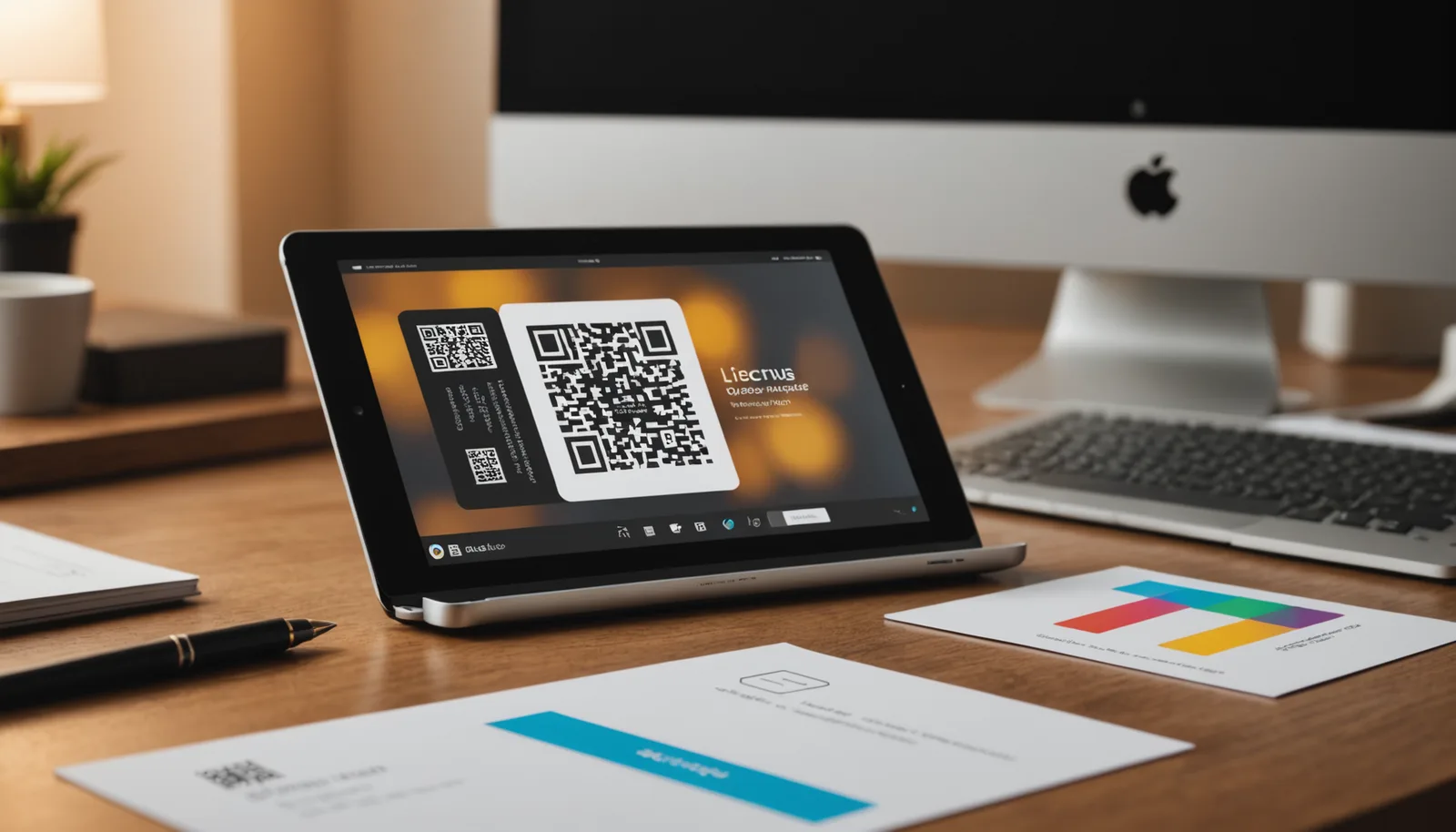 Business card template on a designer's computer screen showing a branded QR code integrated into the card layout and design.
