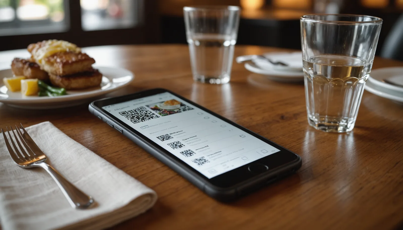 Smartphone displaying a restaurant menu loaded via QR code scan, placed on a wooden restaurant table with soft natural lighting