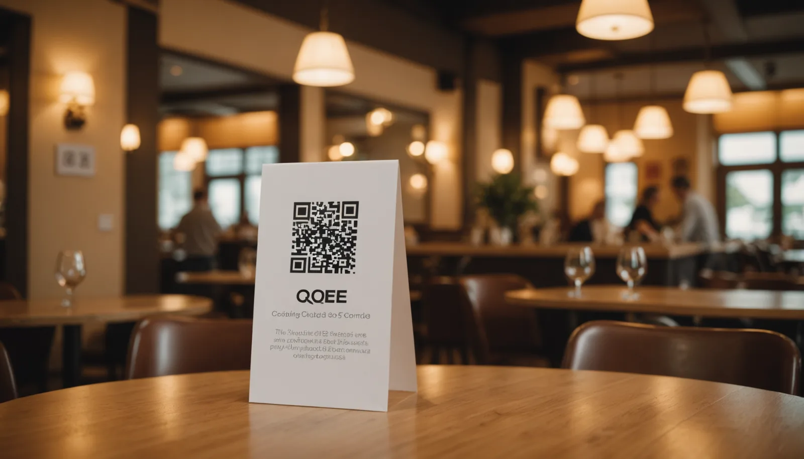 Printed QR code on a table tent in a restaurant setting, ready to be scanned for the restaurant's digital menu