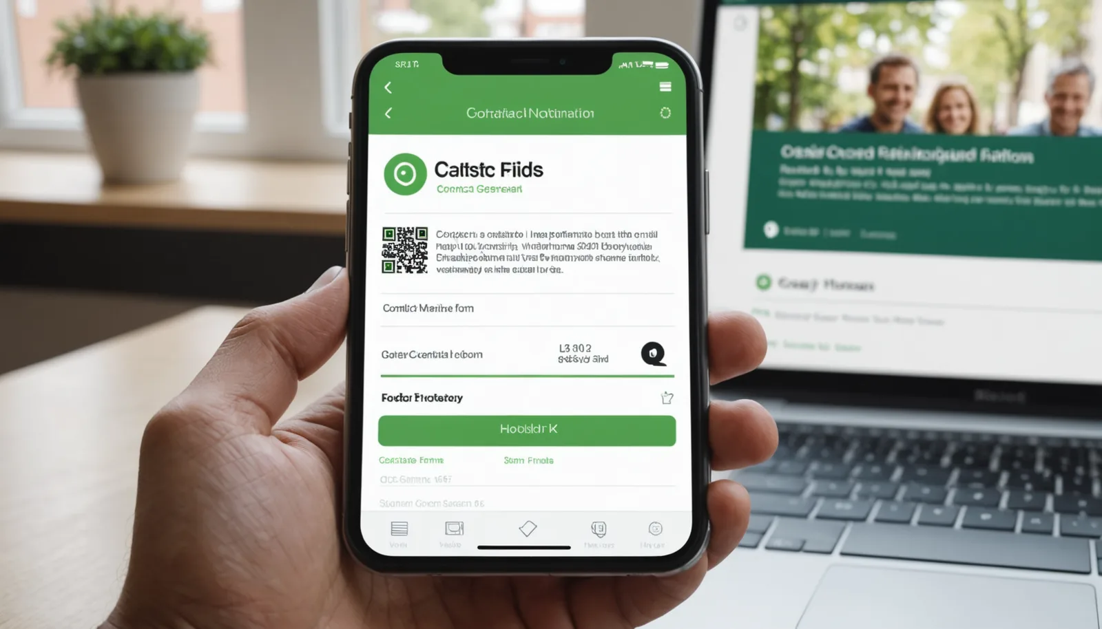 Smartphone showing a completed vCard QR code generator form with contact details and a green checkmark confirming successful generation