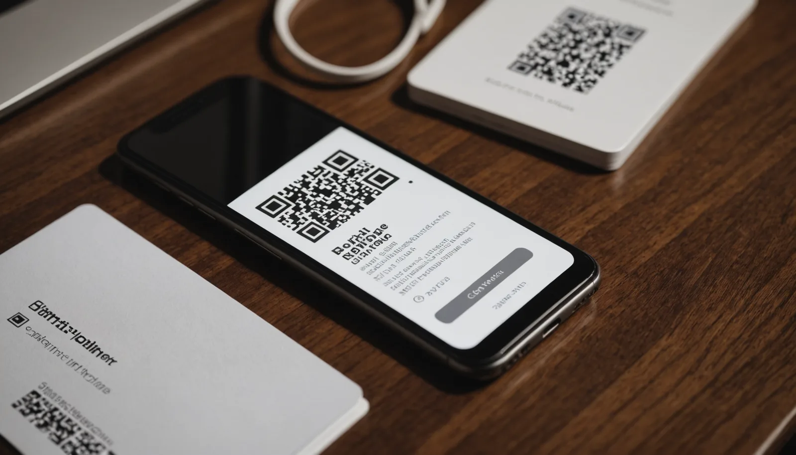 Business card with a vCard QR code positioned in the corner, displayed next to a smartphone scanning and displaying the contact information