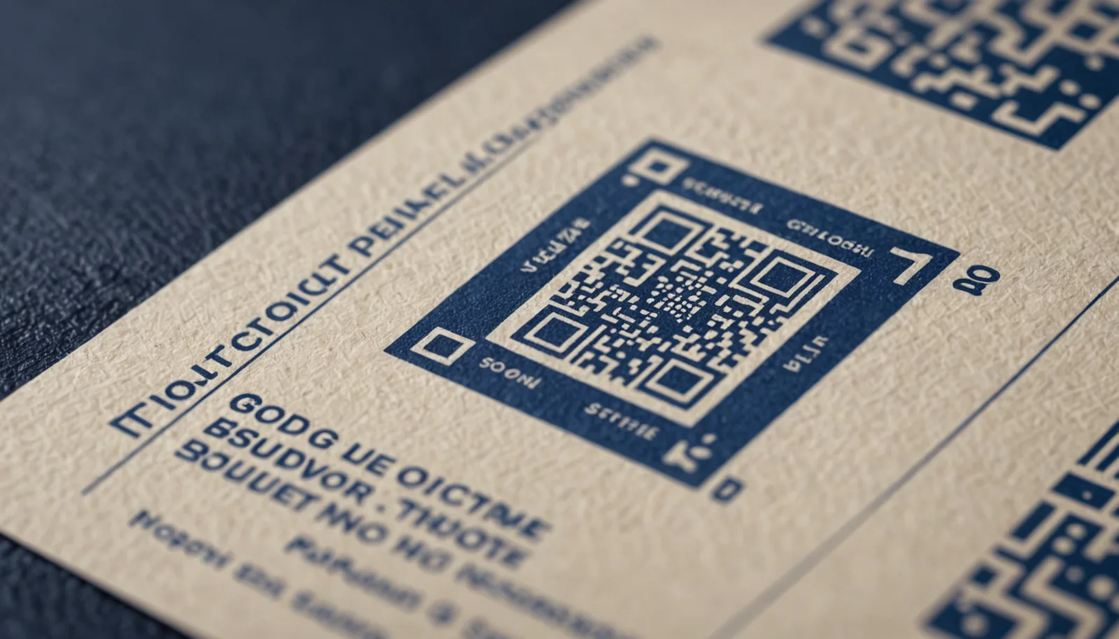 Close-up of a branded vCard QR code in navy blue printed on cream textured paper with a fingertip about to scan it